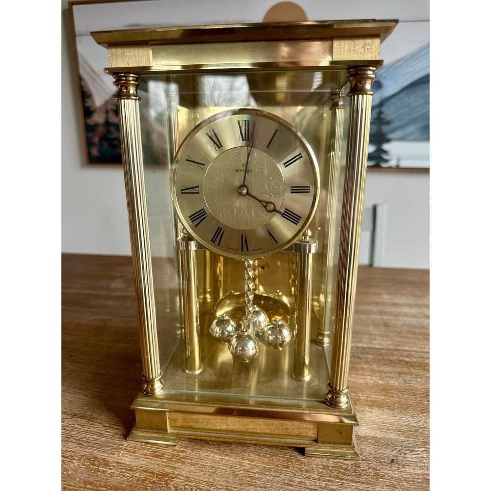 Vinatge Montreux Anniversary Clock Quartz Brass Glass Case Made In Germany READ